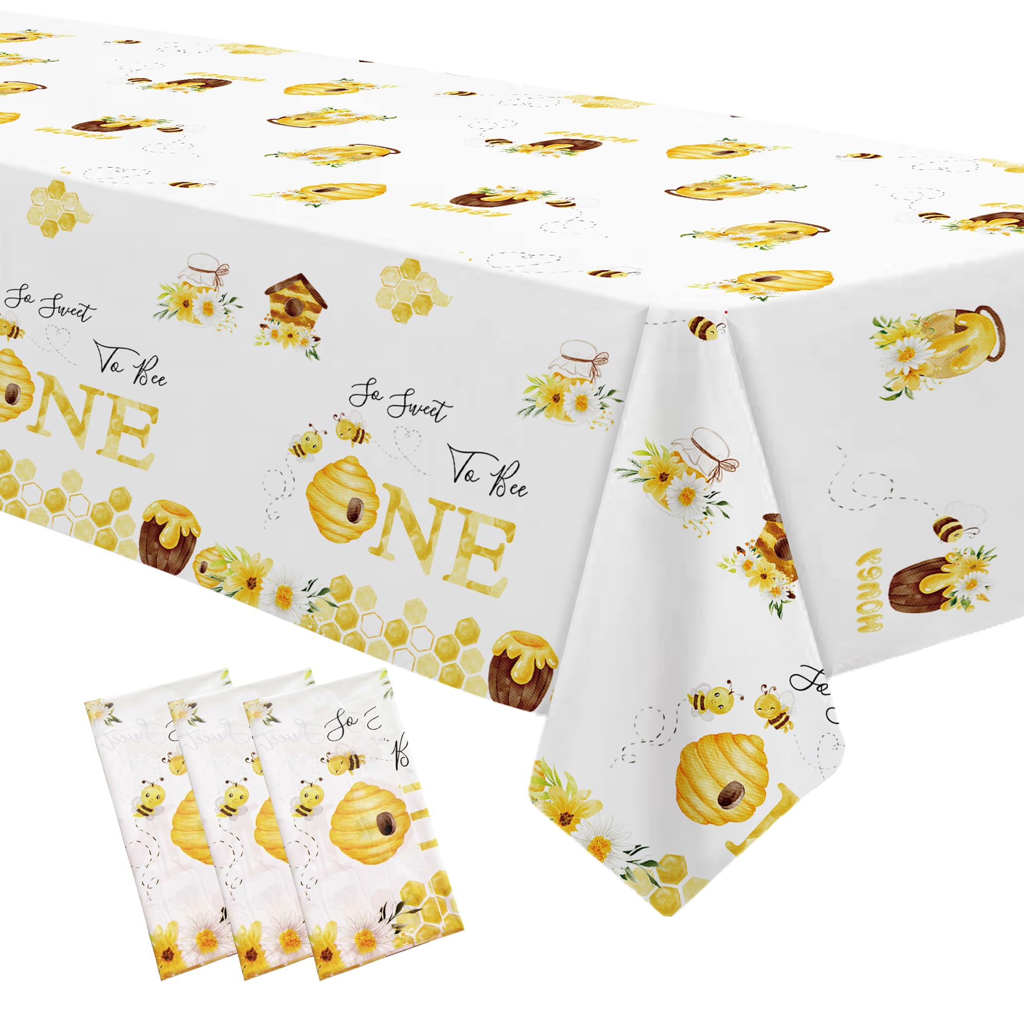 APOWBLS Bee 1st Birthday Party Decorations Tablecloth - Disposable Bumble Bee Frist Birthday Supplies Table Cover, Bee Table Decorations for One-Year-Old Birthday Table Cloth - 3 Pack (54in x 108in)