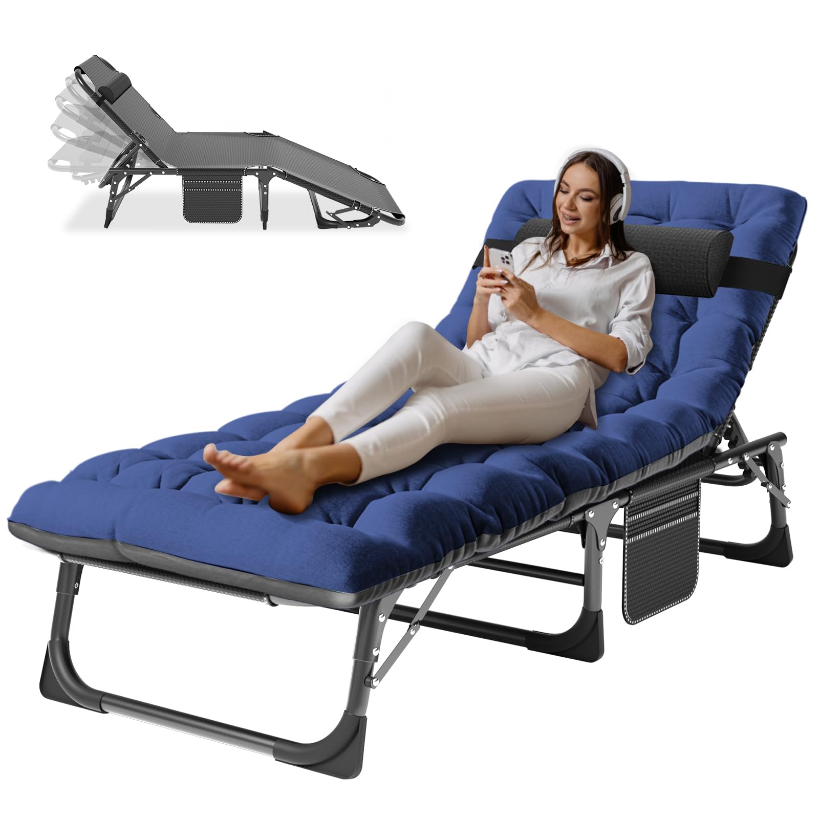 Barbella Folding Lounge Chair 5-Position, Folding Cot, Portable Outdoor Folding Chaise Lounge Chair for Sun Tanning, Perfect for Pool Beach Patio Sunbathing, Onesize, Dark Blue