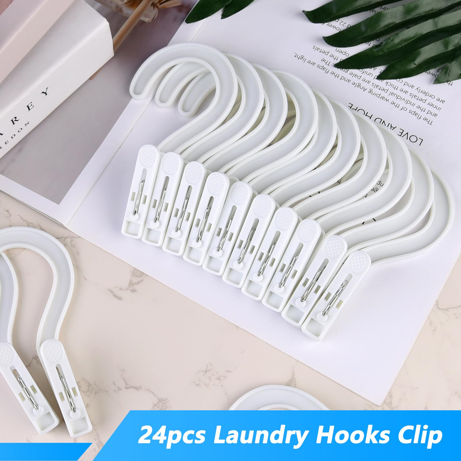 24PCS Laundry Hooks with Clips Plastic Clothes Pins Super Strong Hanger Clips Boot Hangers Towel Clips Laundry Clips for Bathroom Travel Portable(White)