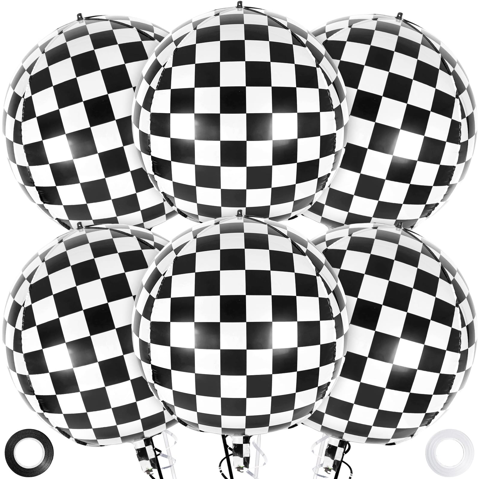 Checkered Balloons, 22 Inch Checkered Round Foil Balloons, 6 Pcs Black and White Checkerboard Mylar Sphere Balloons for Race Car Birthday Party Decorations Supplies