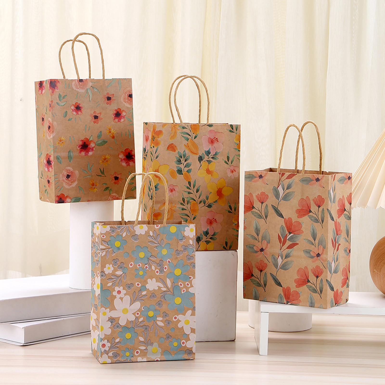 24pcs Floral Pattern Kraft Paper Bag Gift Bags with Handles for Party Favors, Mothers Day, Weddings, Birthday Celebration, Baby Shower,8.26×5.9×3.14inch