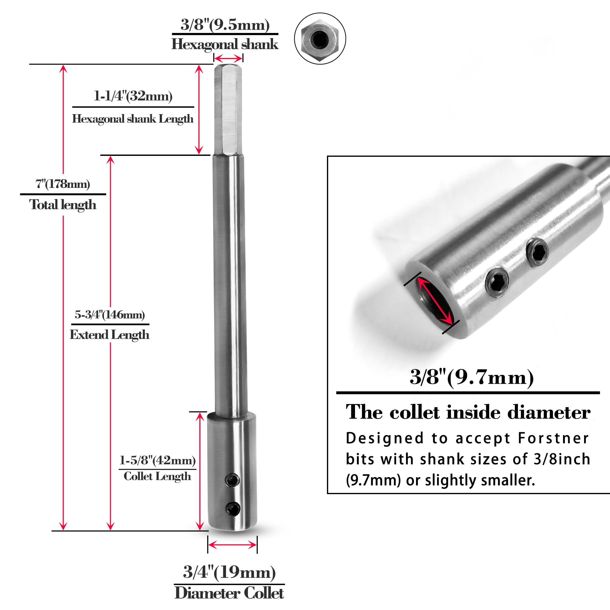 ASNOMY 7Inch Extra Long Forstner Bit Extension for Adding Over 5-3/4 inches of Drilling Depth to Your 3/8" Round or Hex Shafts Forstner Bit