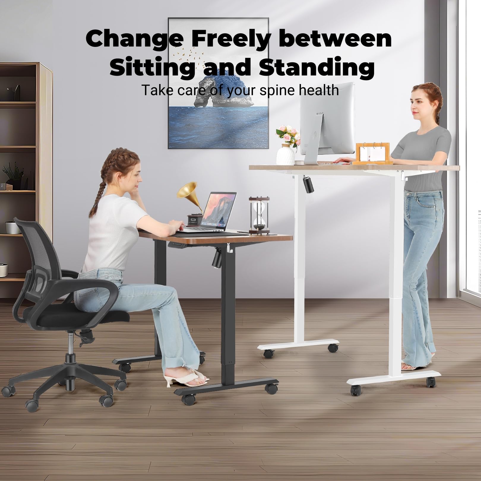 KORGOL Curved Electric Standing Desk 48 x 24 Inches Adjustable Height Ergonomic Sit Stand Up Desk for Home Office Computer Workstation Memory Preset with Wheels and Black Frame/Black Top