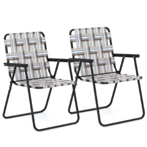 gymax folding chair, patio lawn chair set with armrest, indoor/outdoor 2 pack webbed lightweight dinning chair, portable beach chair for outside, poolside, backyard (coffee, 2)