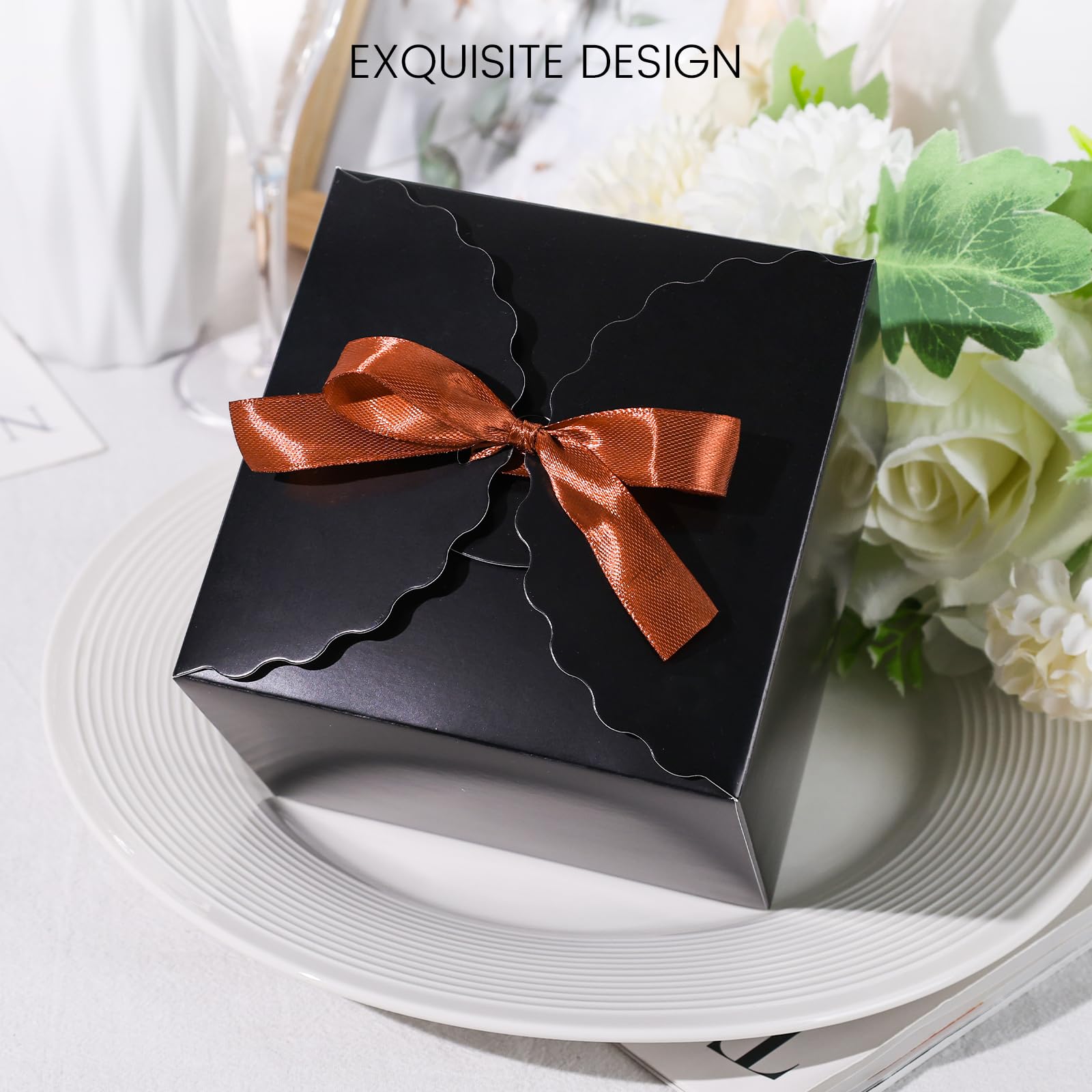 VGOODALL 10PCS Gift Candy Boxes, Black Treat Box with Ribbon Paper Candy Boxes for Wedding Cookie Chocolates Small Gifts