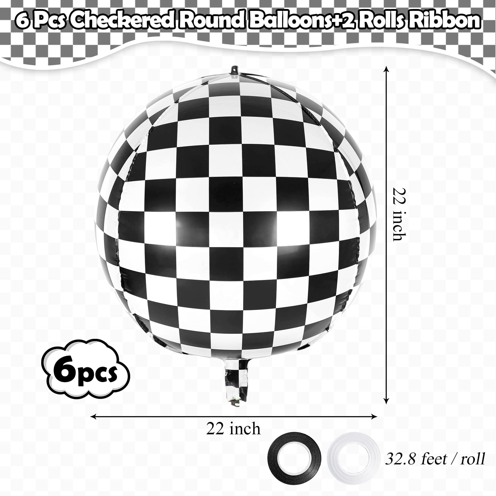 Checkered Balloons, 22 Inch Checkered Round Foil Balloons, 6 Pcs Black and White Checkerboard Mylar Sphere Balloons for Race Car Birthday Party Decorations Supplies