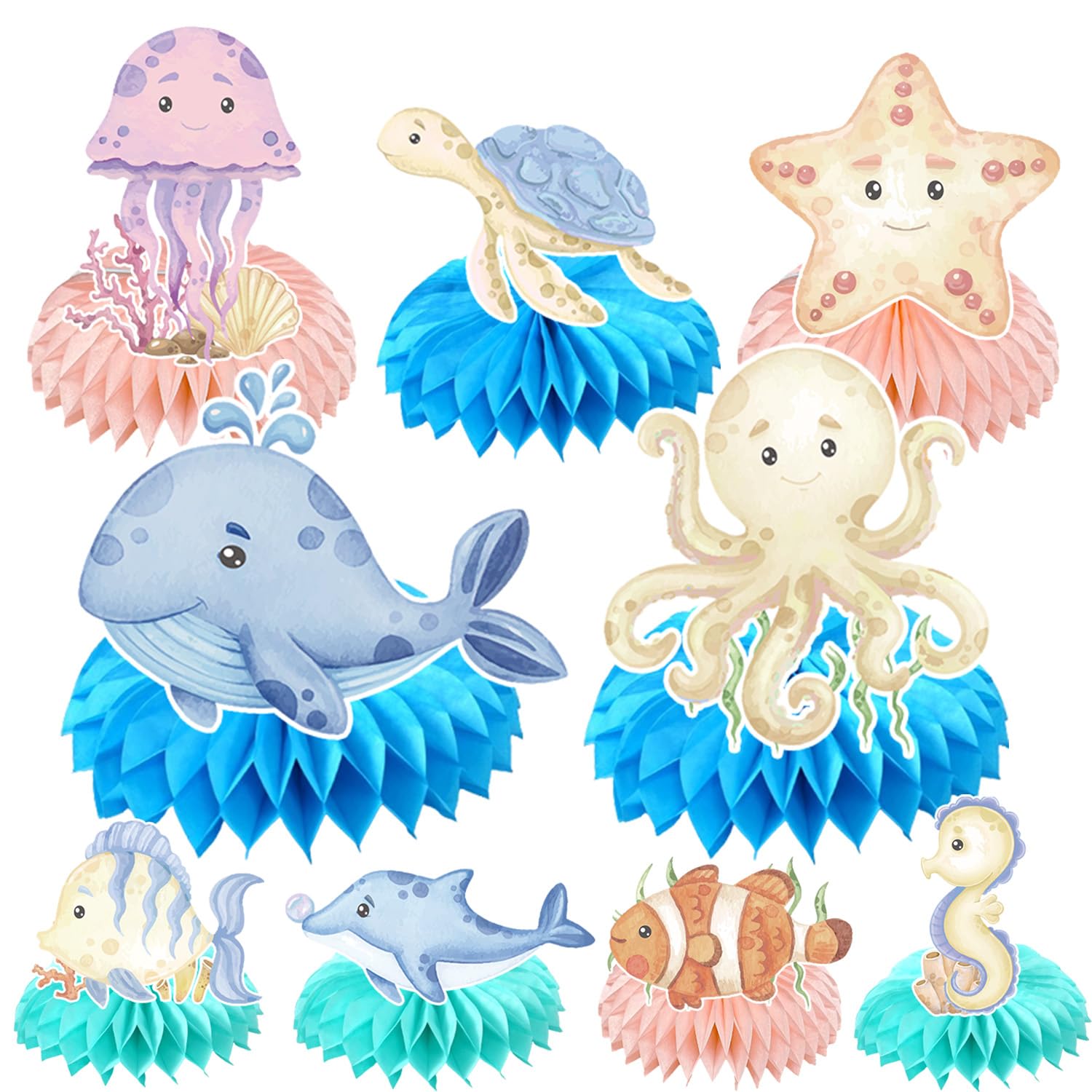 Under the Sea Party Decorations - Coskingland 9PCS Ocean Themed Party Decorations Cute Ocean Animals Under the Sea Baby Shower Decorations Sea Animals Turtle Whale Honeycomb Centerpiece Table Decor