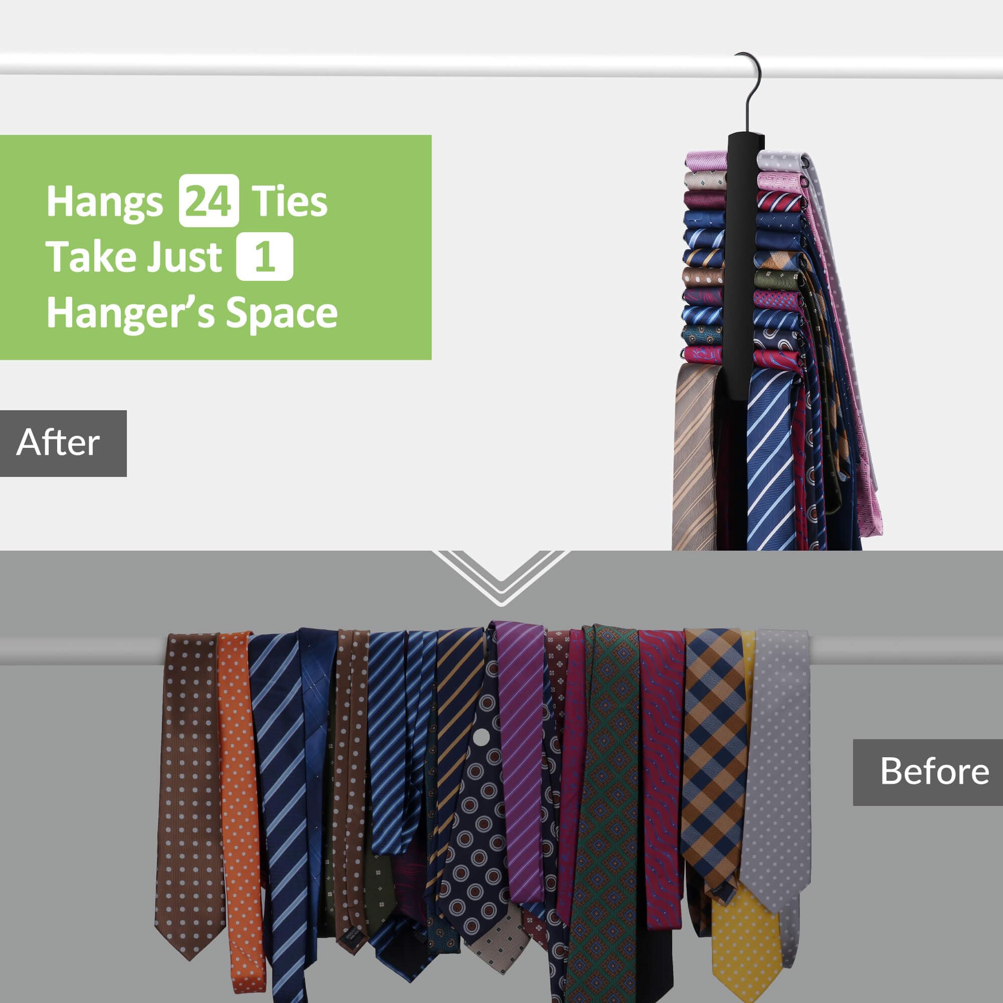 Upgraded Tie Rack Hanger for Closet with 24 Metal Hooks, Space Saving Necktie Organizer for Men, Sturdy Wooden Large Capacity Tie Holder, Closet Organizers and Storage, Black