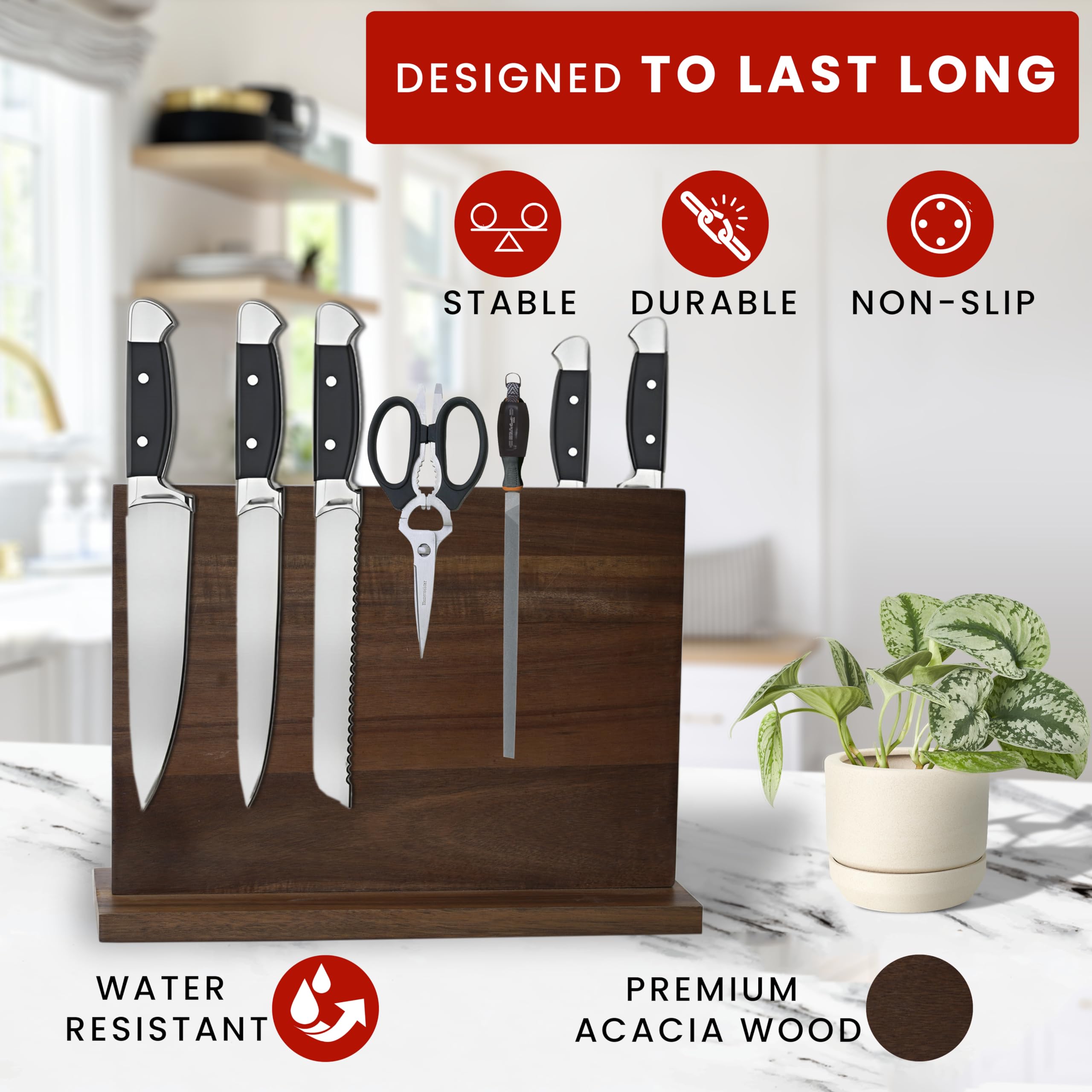 Wooden Magnetic Knife Holder 12 x 9" - Magnetic Knife Block without Knives - Kitchen Knife Holders for Counter top or Magnetic Knife Holder Stand - Double Sided Knife Magnet for Kitchen Knife Holder