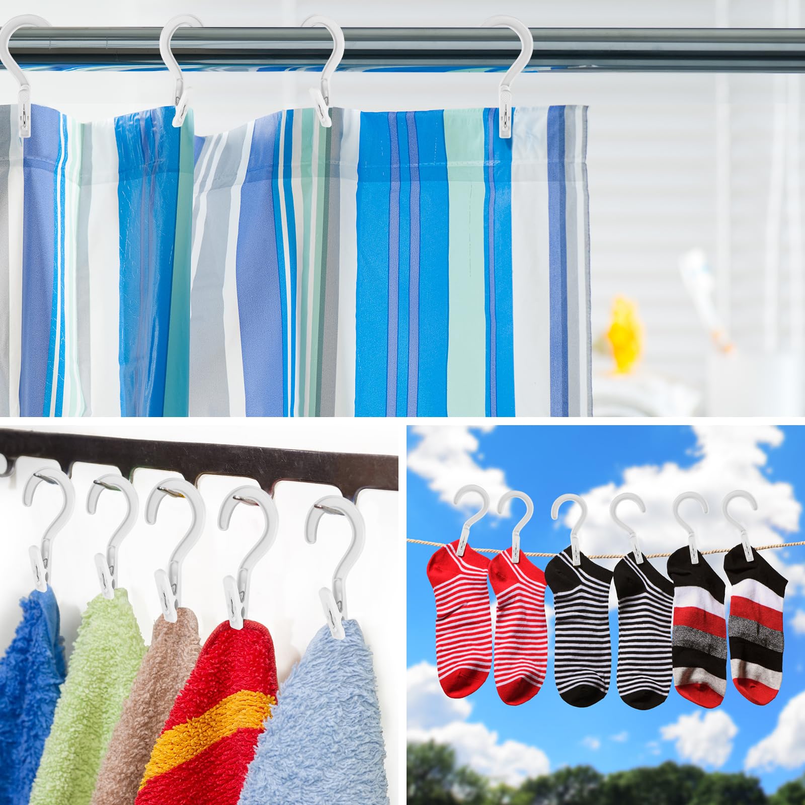 24PCS Laundry Hooks with Clips Plastic Clothes Pins Super Strong Hanger Clips Boot Hangers Towel Clips Laundry Clips for Bathroom Travel Portable(White)