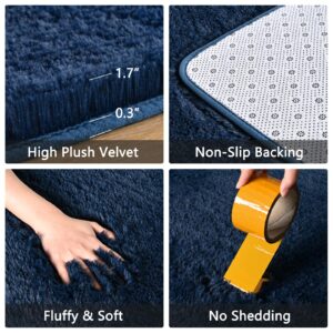 FALARK Soft Navy Blue Runner Rugs for Bedroom, 2x4 ft Bedside Rug Plush Fluffy Carpets, Shag Furry Modern Area Rug Carpet for Living Room Girls Kids Room Nursery Home Decor, Navy Blue