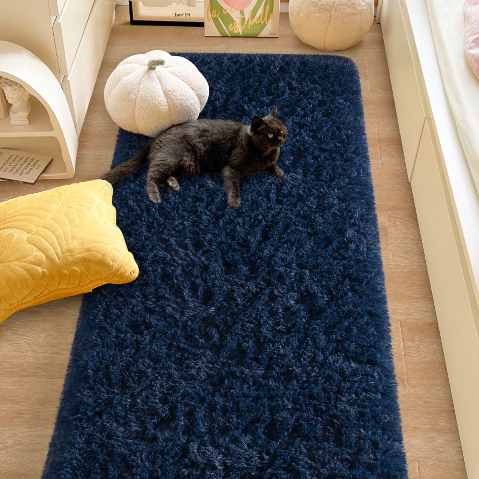 FALARK Soft Navy Blue Runner Rugs for Bedroom, 2x4 ft Bedside Rug Plush Fluffy Carpets, Shag Furry Modern Area Rug Carpet for Living Room Girls Kids Room Nursery Home Decor, Navy Blue