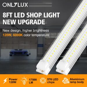 ONLYLUX 8Ft LED Shop Light Fixture - 120W 17500LM T8 Shop Lights for Garage, 6000K Linkable 8 Foot Led Shop Lights V Shape Linkable Garage Lights, High Output Clear Cover Plug and Play (10 Pack)