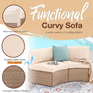 SUNSITT Outdoor Sectional Set 11-Piece Half Moon Patio Furniture Natural Color Wicker Sofa Creamy White Cushions with 4 Side Table and 4 Pillows