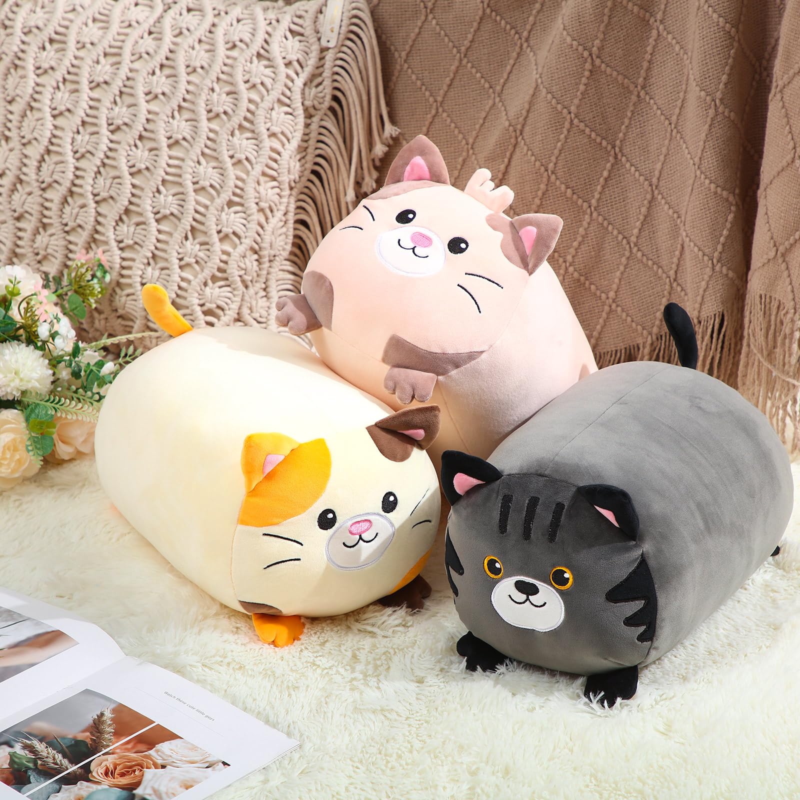 GlikCeil 3 Pcs Kitten Plush Toys Set 14 Inch Cute Cat Stuffed Animals Bulk Soft Cuddly Kitten Plush Pillow Round Kitty Body Pillow Kawaii Hugging Pillows Creative Decoration for Kids Girls Boys