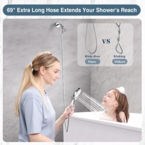 BRIGHT SHOWERS High Pressure Shower Head with Handheld, 9 Spray Settings Showerhead Built in Power Wash to Clean Tub and Pets, Extra Long 69" Hose, Adjustable Bracket, Chrome