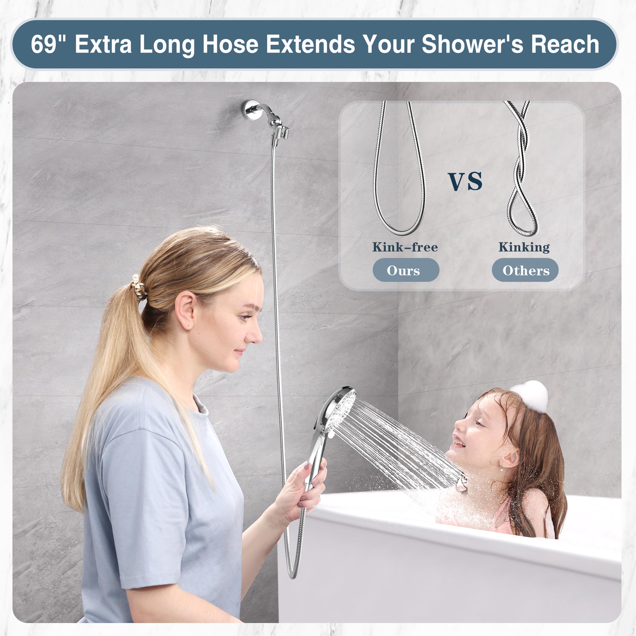 BRIGHT SHOWERS High Pressure Shower Head with Handheld, 9 Spray Settings Showerhead Built in Power Wash to Clean Tub and Pets, Extra Long 69" Hose, Adjustable Bracket, Chrome