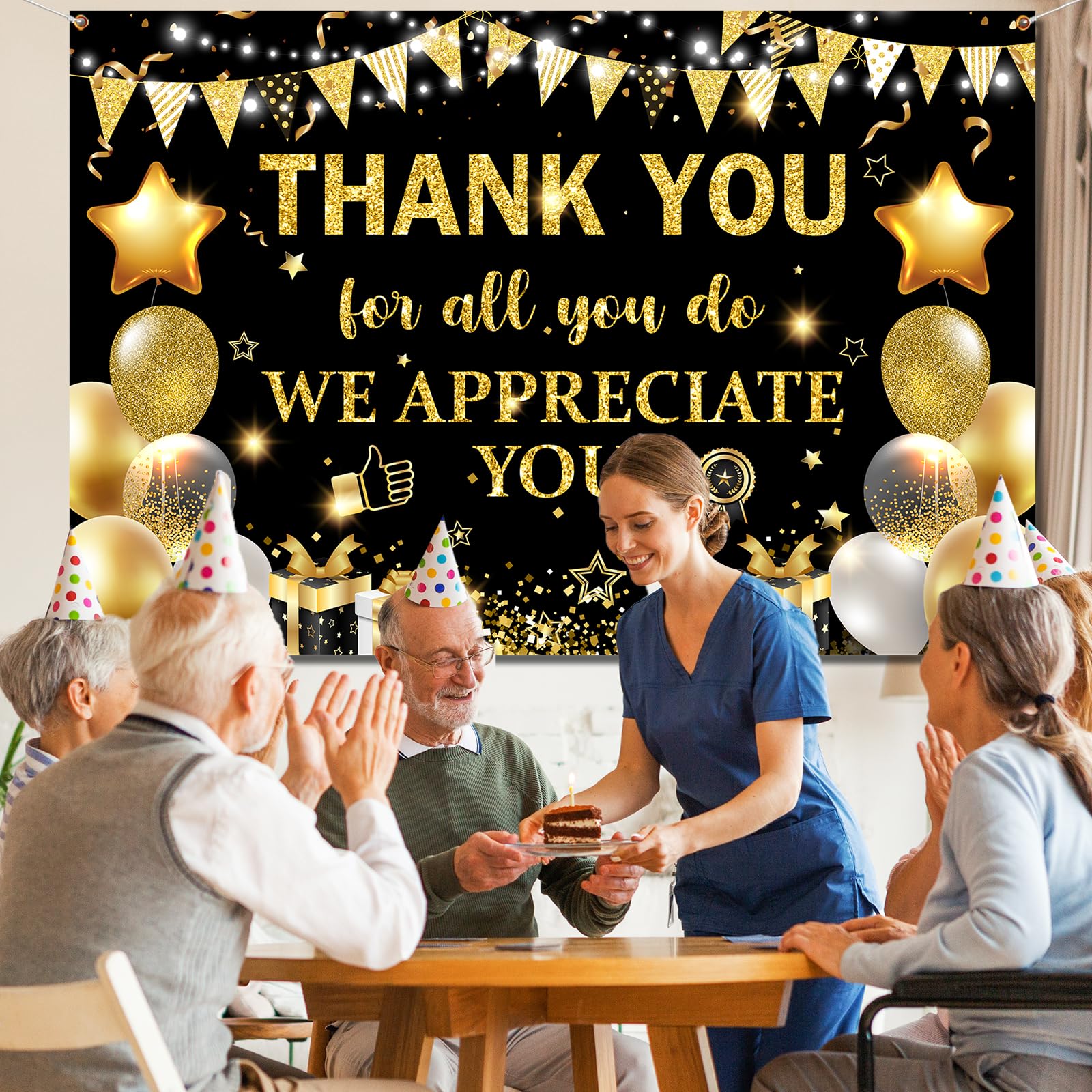 Thank You for All You Do Backdrop We Appreciate You Banner,Black Gold Appreciate Party Decoration Employee Staff Teachers Doctors Retirement Photo Backdrop for Thanks Party Supplies