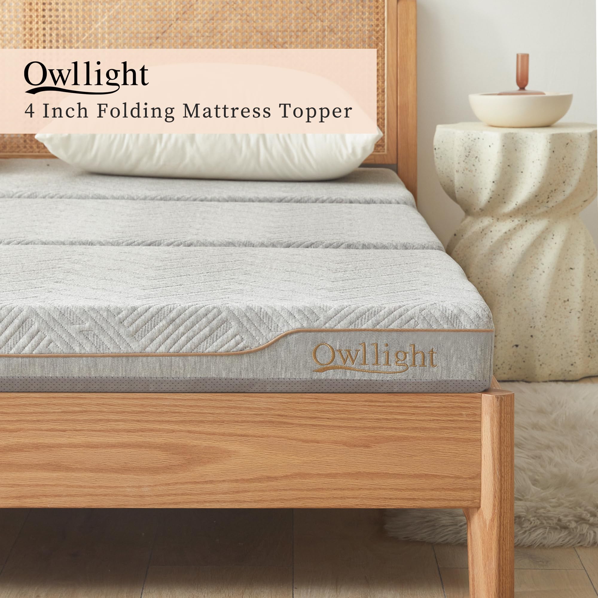 Owllight Mattress, Tri-fold Folding Memory Foam Mattress Topper with Washable Cover, Foldable Medium Firm Mattress for Floor, RV, 4 Inch (Queen)