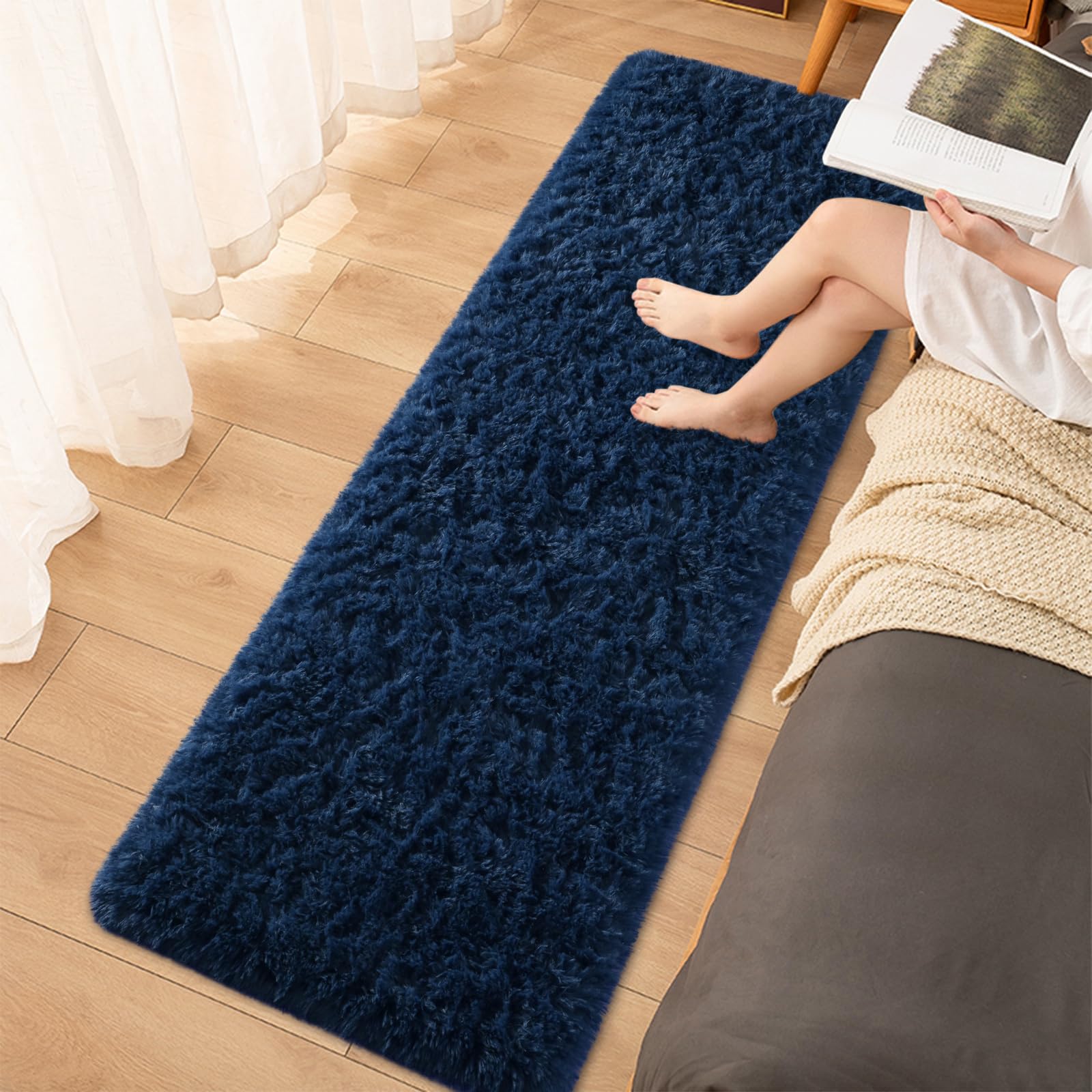 FALARK Soft Navy Blue Runner Rugs for Bedroom, 2x4 ft Bedside Rug Plush Fluffy Carpets, Shag Furry Modern Area Rug Carpet for Living Room Girls Kids Room Nursery Home Decor, Navy Blue