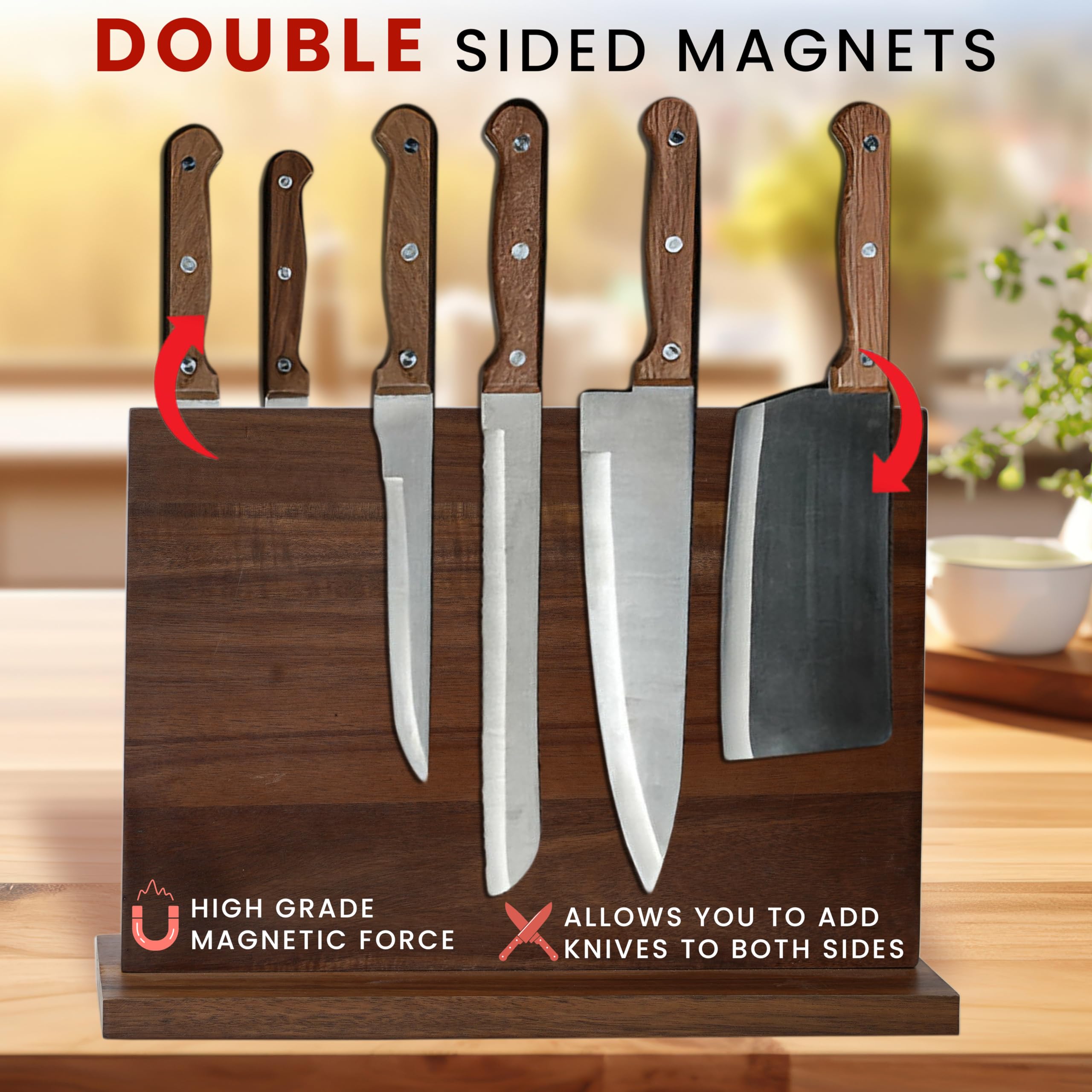 Wooden Magnetic Knife Holder 12 x 9" - Magnetic Knife Block without Knives - Kitchen Knife Holders for Counter top or Magnetic Knife Holder Stand - Double Sided Knife Magnet for Kitchen Knife Holder