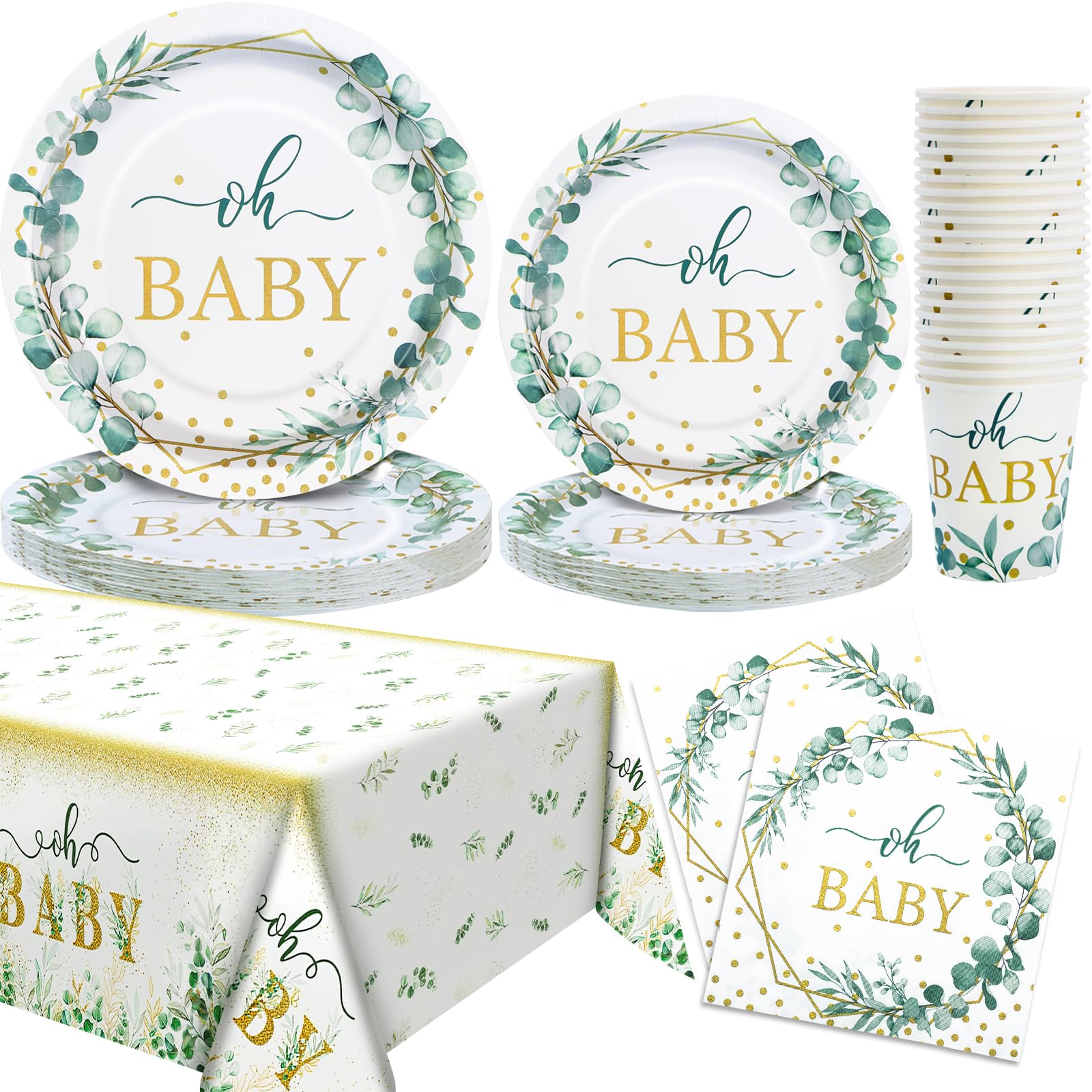 Gudvilla Sage Green Baby Shower Plates and Cups and Napkins Sets, with Sage Green Tablecloth, Baby Shower Decorations Neutral, Oh Baby Plates for Boho Baby Shower Decorations Sage Green, Serves 25