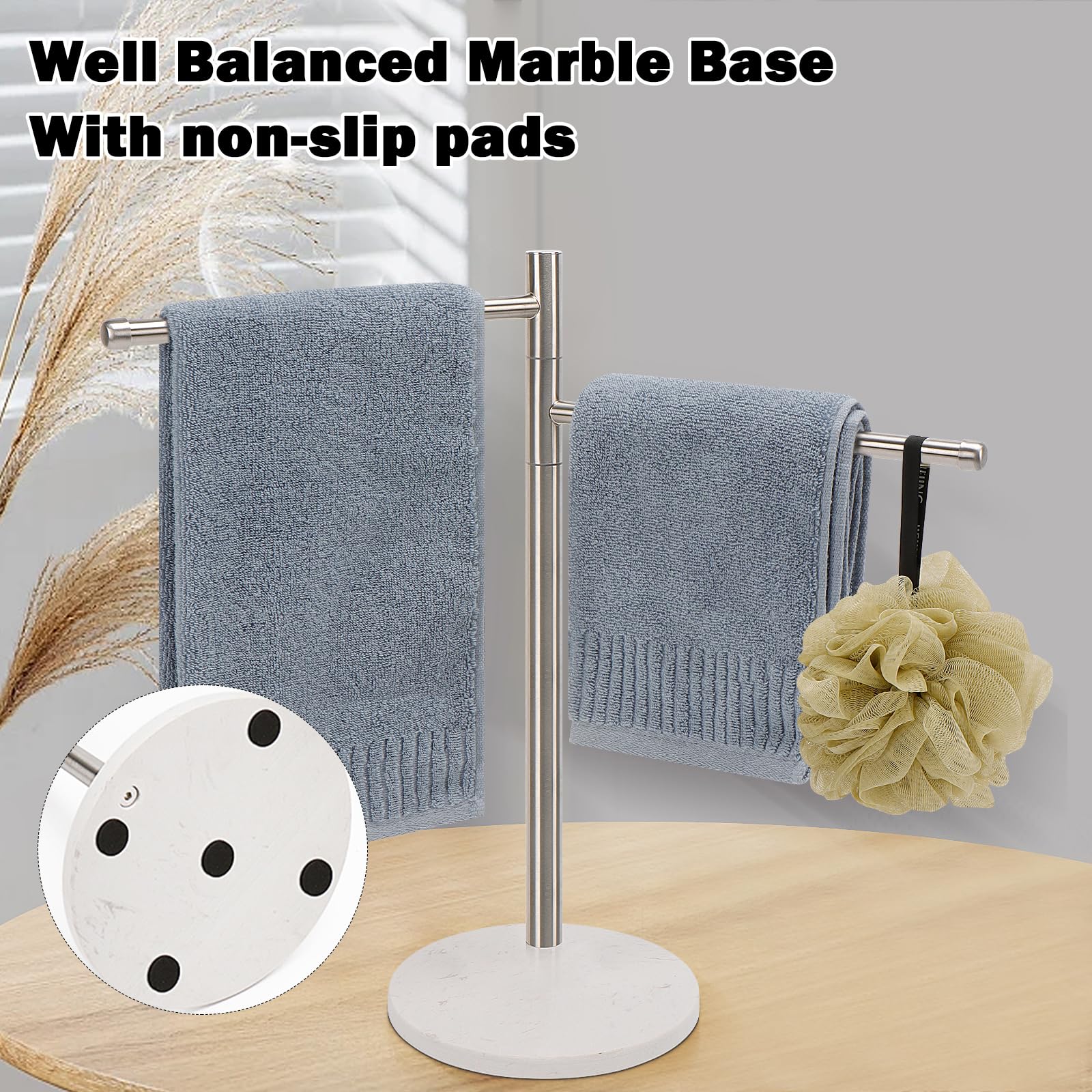 Winmien Standing Hand Towel Holder, Hand Towel Stand with Marble Base, 304 Stainless Steel Towel Rack with 2 Swivel Arm, Countertop Stand Towel Ring Towel Bar for Bathroom Countertop (Brushed Nickel)