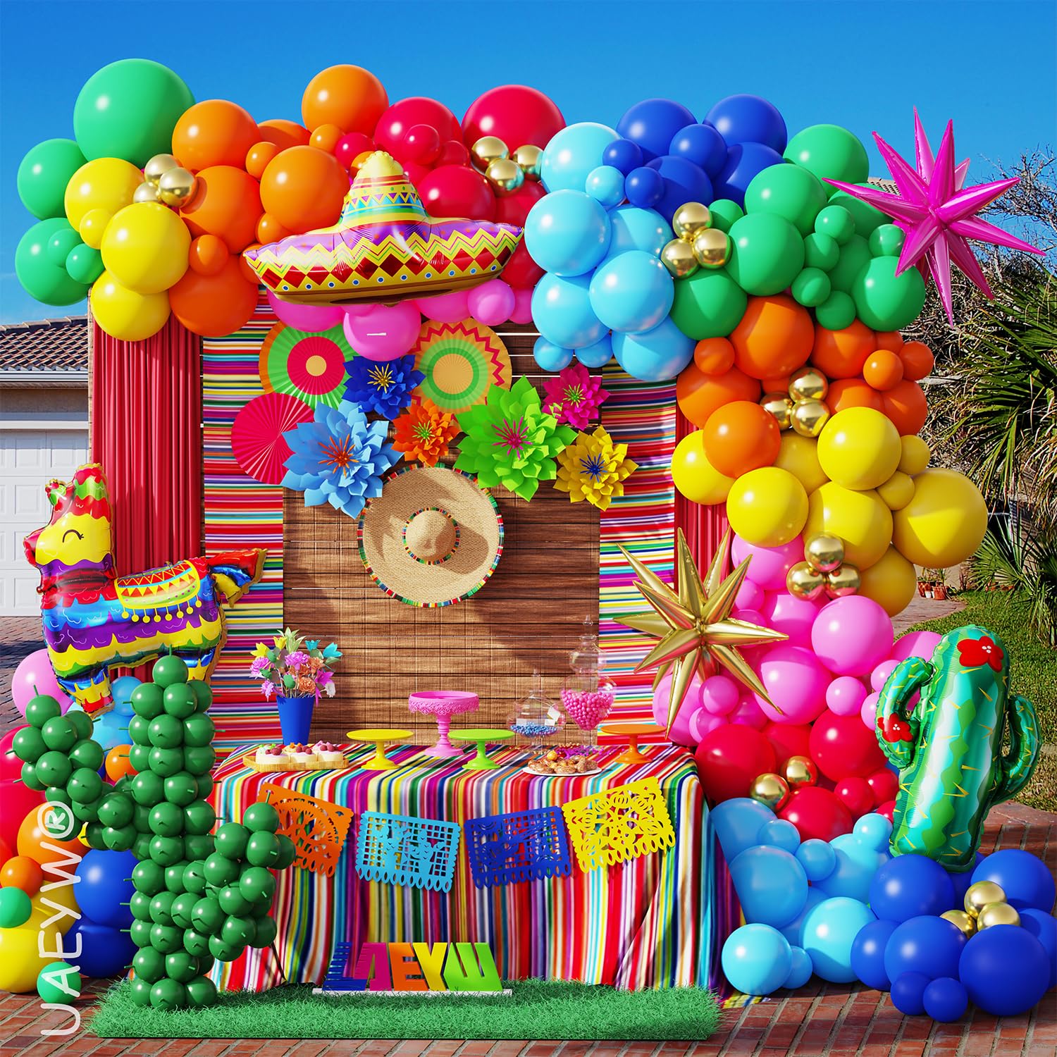 142Pcs Mexican Fiesta Balloon Arch Kit Rainbow Balloon Garland Llama Sombrero Cactus Mylar Balloons for Mexican Themed Party Cinco De Mayo Taco Coco Birthday Carnival Baby Shower Decorations (Style 2)