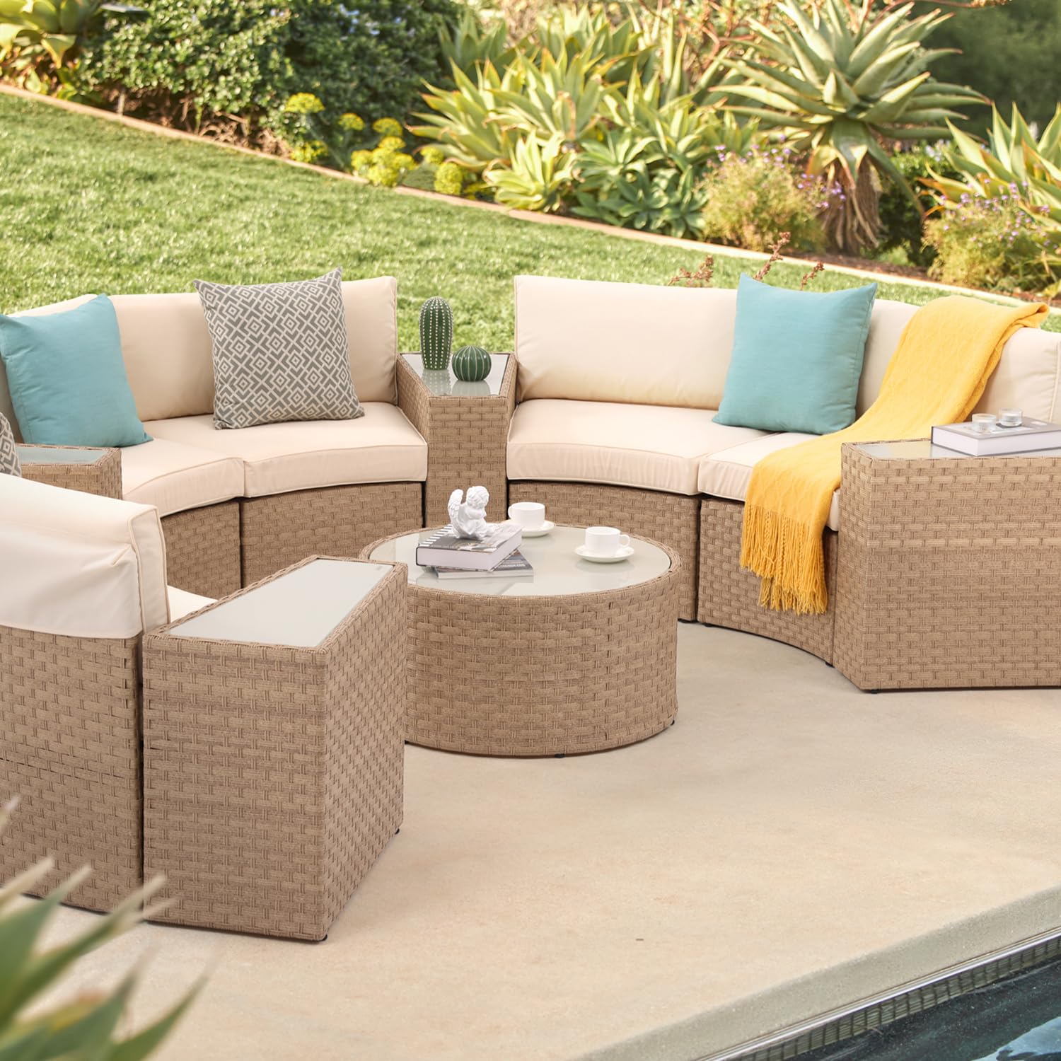 SUNSITT Outdoor Sectional Set 11-Piece Half Moon Patio Furniture Natural Color Wicker Sofa Creamy White Cushions with 4 Side Table and 4 Pillows