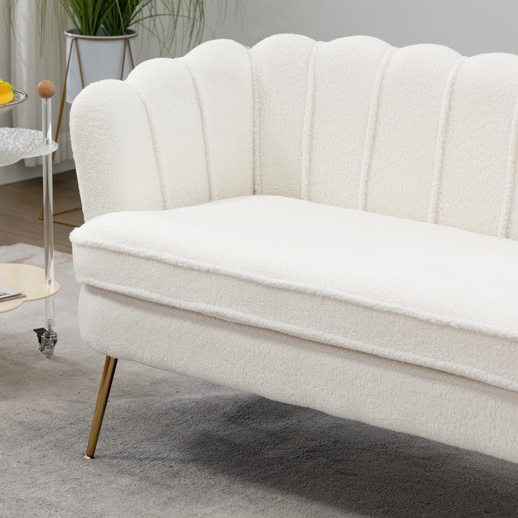 Sofa Couch 59" Elegant Curved Loveseat with Vertical Tufting - Luxurious Boucle Fabric, Gold Metal Legs, Adjustable Glides - 300 lbs Capacity per Seat,Ivory