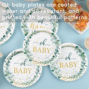 Gudvilla Sage Green Baby Shower Plates and Cups and Napkins Sets, with Sage Green Tablecloth, Baby Shower Decorations Neutral, Oh Baby Plates for Boho Baby Shower Decorations Sage Green, Serves 25