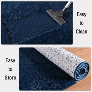 FALARK Soft Navy Blue Runner Rugs for Bedroom, 2x4 ft Bedside Rug Plush Fluffy Carpets, Shag Furry Modern Area Rug Carpet for Living Room Girls Kids Room Nursery Home Decor, Navy Blue