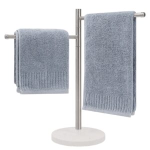 winmien standing hand towel holder, hand towel stand with marble base, 304 stainless steel towel rack with 2 swivel arm, countertop stand towel ring towel bar for bathroom countertop (brushed nickel)