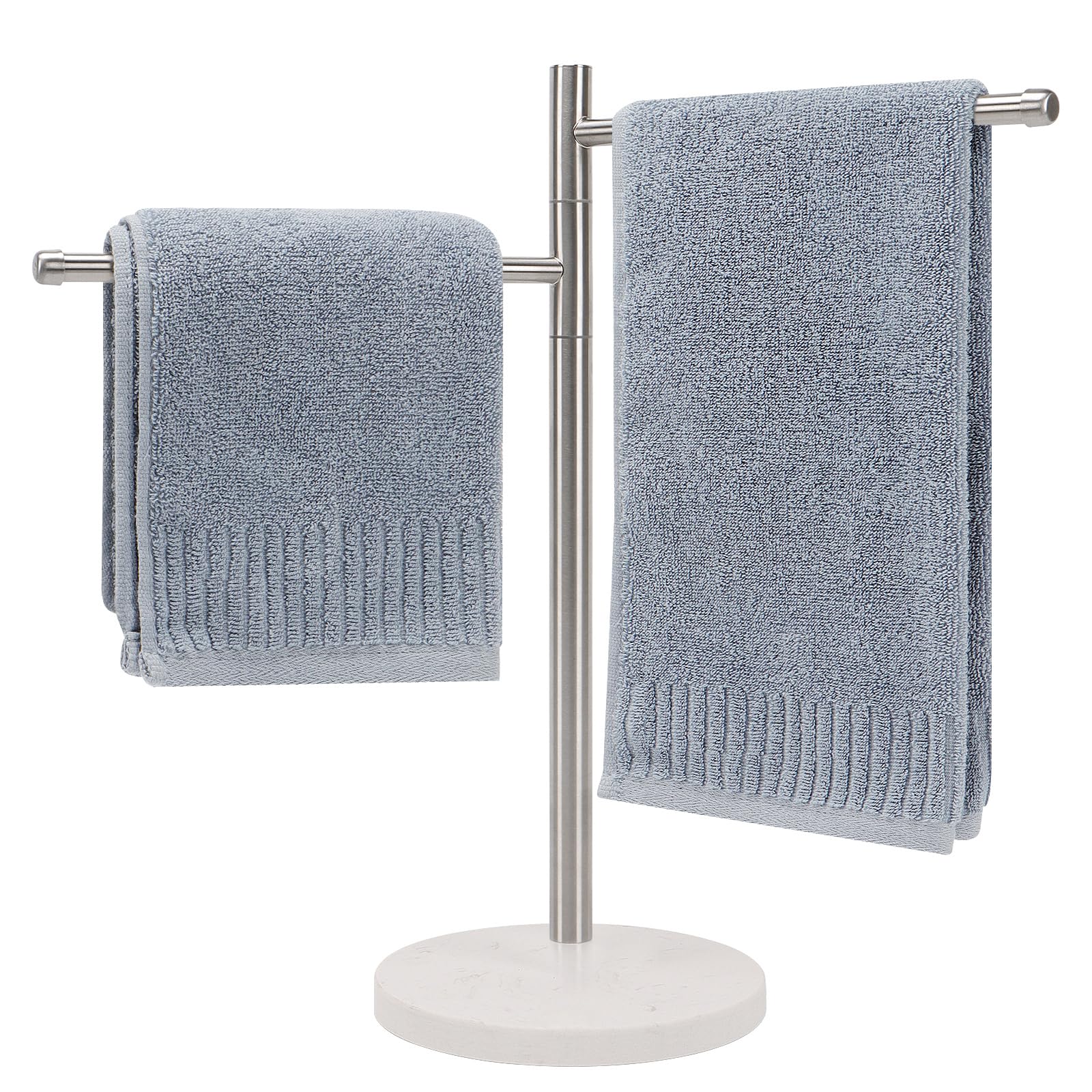 Winmien Standing Hand Towel Holder, Hand Towel Stand with Marble Base, 304 Stainless Steel Towel Rack with 2 Swivel Arm, Countertop Stand Towel Ring Towel Bar for Bathroom Countertop (Brushed Nickel)