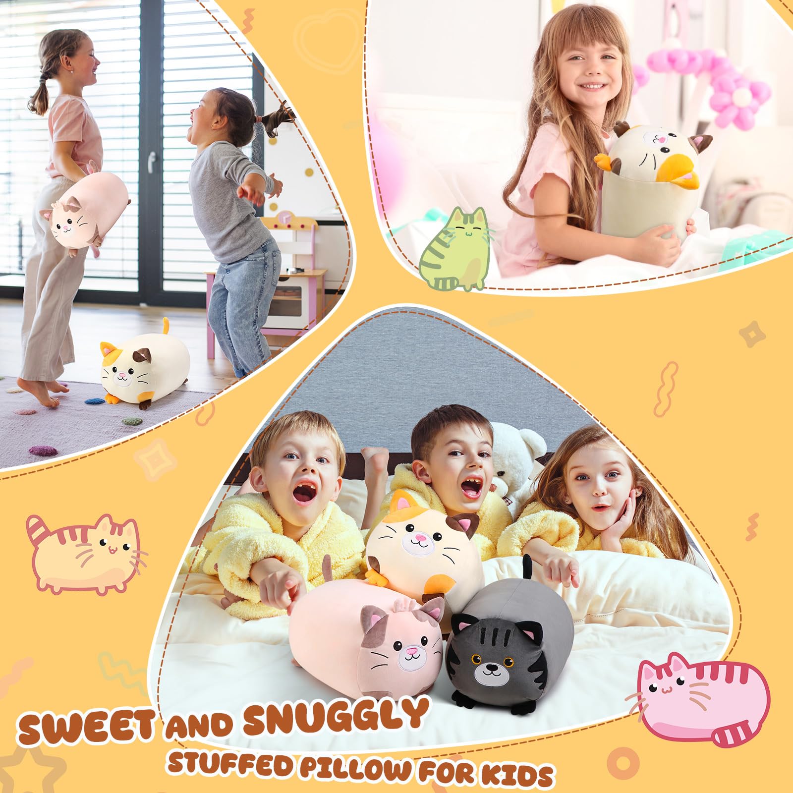 GlikCeil 3 Pcs Kitten Plush Toys Set 14 Inch Cute Cat Stuffed Animals Bulk Soft Cuddly Kitten Plush Pillow Round Kitty Body Pillow Kawaii Hugging Pillows Creative Decoration for Kids Girls Boys