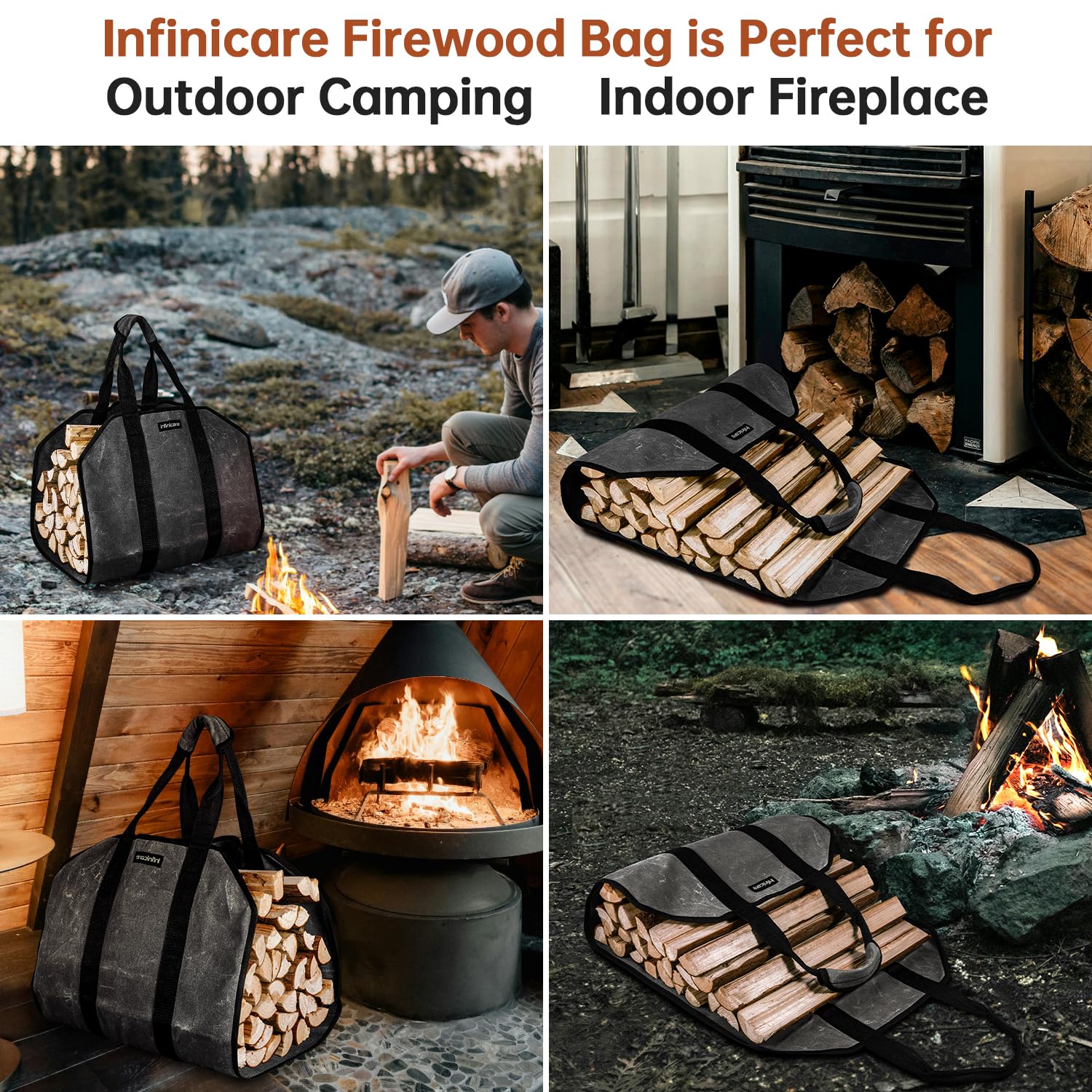 Infinicare Firewood Carrier with Handles - 2pcs Heavy Duty Canvas Firewood Bag with Handles | Durable Wood Carrier for Firewood | Suitable for Indoor Fireplace and Outdoor Camping - Brown & Black