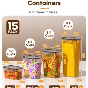 KEMETHY 15 Pack Airtight Food Storage Containers with Lids, Kitchen Pantry Organizers and Storage, BPA-Free Plastic Food Canisters for Cereal, Flour, Sugar, Pasta, Dry Food, Include Labels & Marker