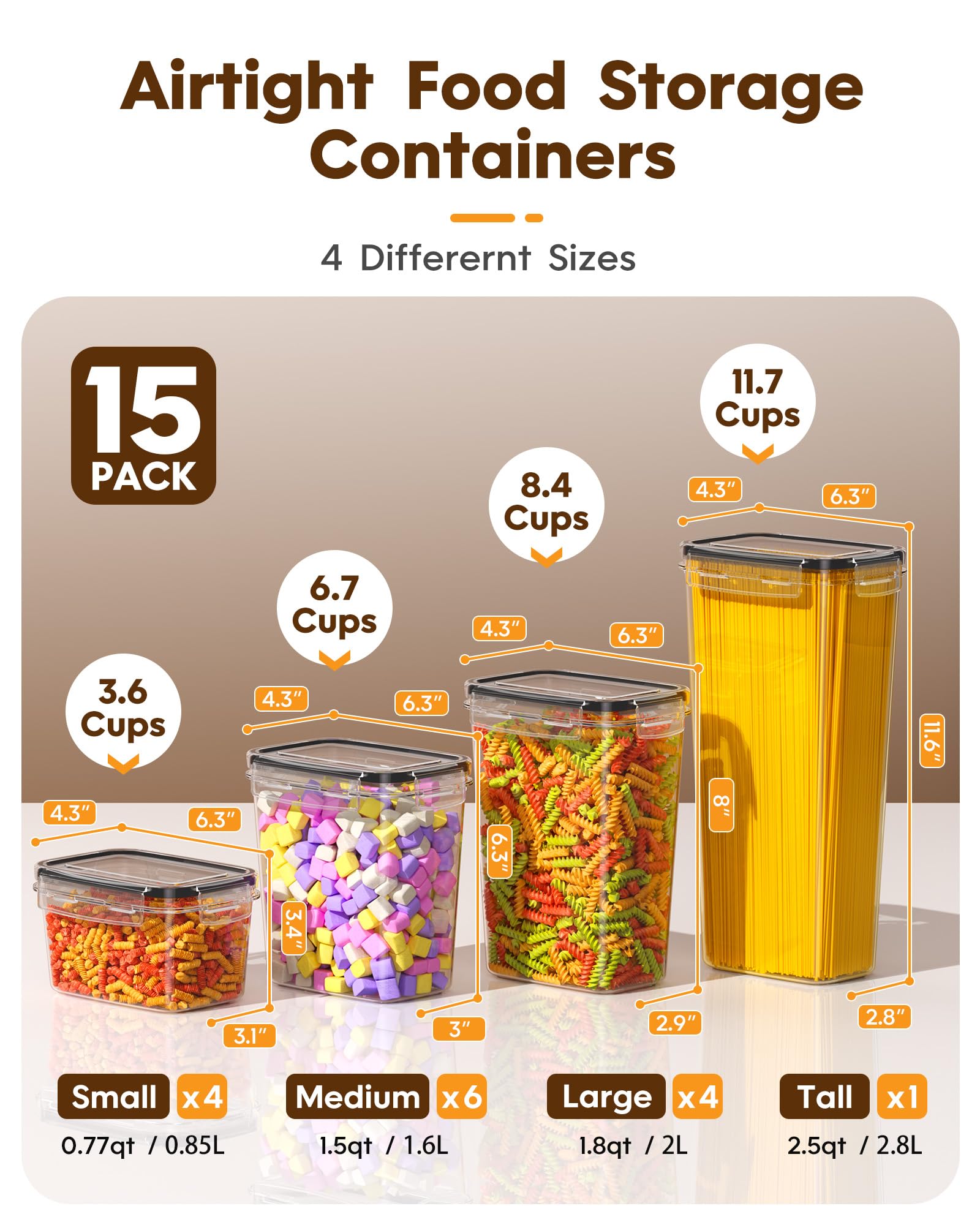 KEMETHY 15 Pack Airtight Food Storage Containers with Lids, Kitchen Pantry Organizers and Storage, BPA-Free Plastic Food Canisters for Cereal, Flour, Sugar, Pasta, Dry Food, Include Labels & Marker