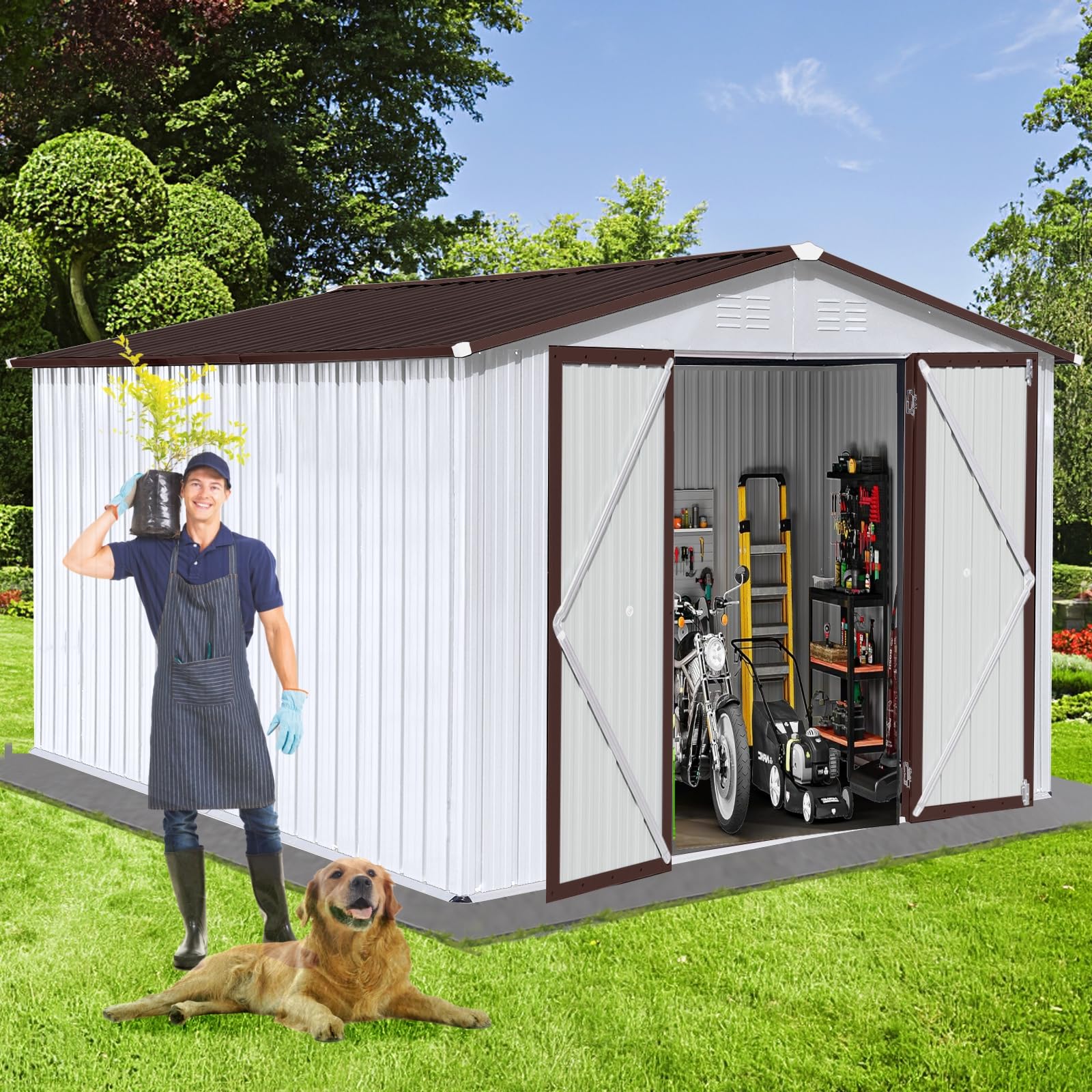 EMKK 8 x 10 ft Storage Shed Outdoor Backyard Garden Tool Shed with Hinged Door, Padlock, 2 Airy Vents, & Durable Steel for Garden, Backyard, Lawn