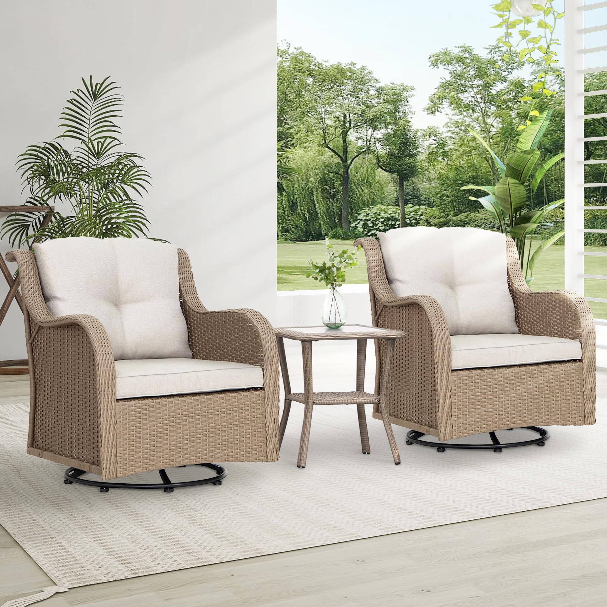 J.M.Deco Outdoor Swivel Rocker Patio Chairs Set of 2 and Matching Side Table - 3 Piece Wicker Patio Bistro Set with Premium & Soft Fabric Cushions for Porch, Backyard, Balcony (Light Brown)