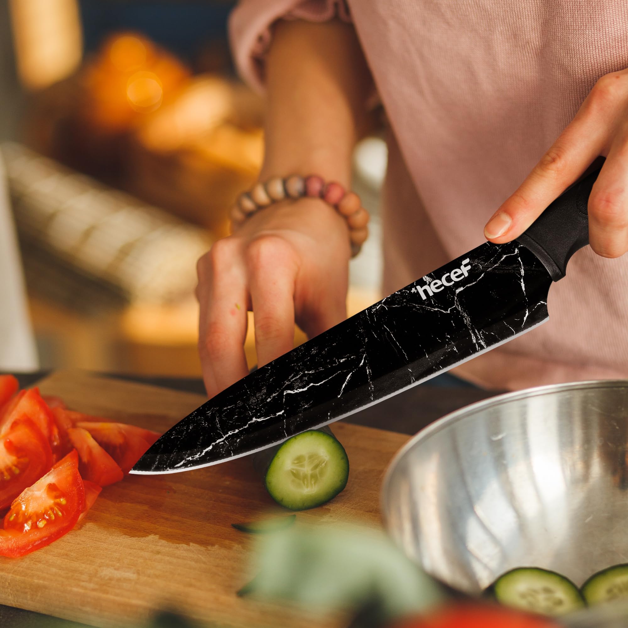 hecef Kitchen Knife Set of 5, Sharp Stainless Steel wtih Black Marble Pattern, Professional Cooking Knives Set Including Paring, Utility, Bread, Carving, Santoku & Chef Knife