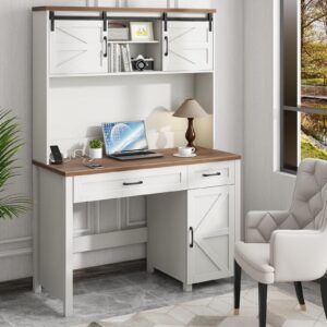 Vabches Farmhouse 47" Desk, Executive I-Shape with 3 Drawers, Storage Cabinet, Hutch, Charging Hub for Home Office