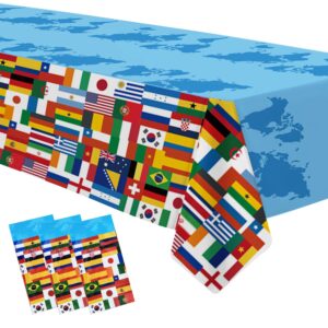 apowbls international world flags decorations tablecloth - disposable olympic party decorations supplies table cover, travel trip around the world globe retirement table cloth - 3pack (54in x 108in)