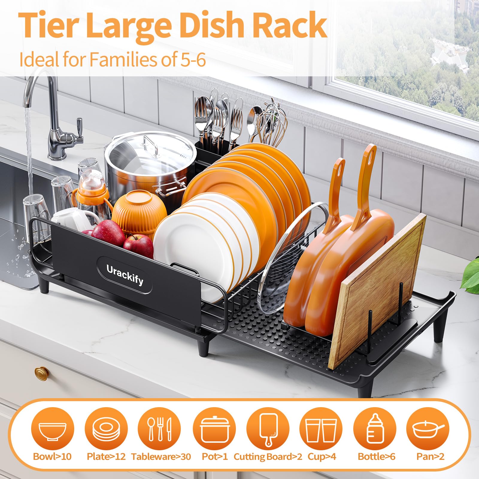 Urackify Dish Drying Rack, Expandable Dish Rack for Kitchen Countertop, Large Extendable Dish Drainer with Pan & Pot Holder, Foldable Multifunctional Dish Strainer with Cup & Utensil Holder, Black