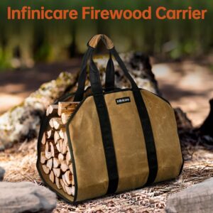 Infinicare Firewood Carrier with Handles - 2pcs Heavy Duty Canvas Firewood Bag with Handles | Durable Wood Carrier for Firewood | Suitable for Indoor Fireplace and Outdoor Camping - Brown & Black