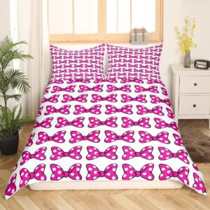 Bowknot Kids Duvet Cover Set Queen Size,White Dots Bow-tie Cartoon Bedding Set,Children Girls Women Room Decor,Princess Style Dreamy Comforter Cover,Rose Pink Romantic Quilt Cover,2 Pillowcases