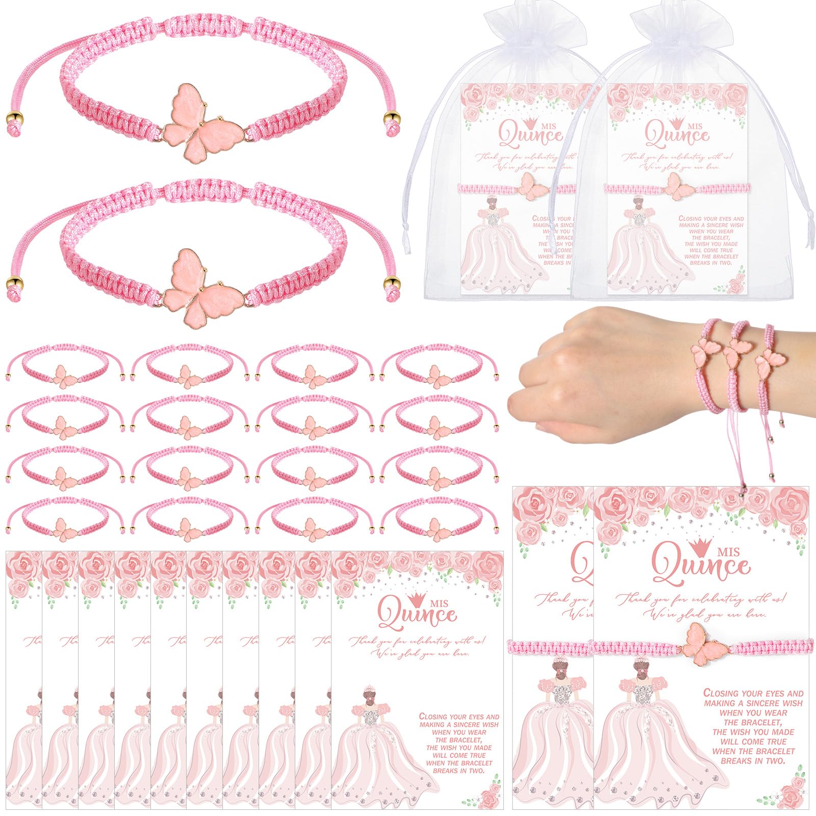 Wenqik 50 Set Quinceanera Gift for Guests Quinceanera Party Favors Butterfly Wish Bracelets Adjustable Butterfly Bracelet with Wish Cards Thank You Card and Organza Bag for 15 Year Birthday Supply