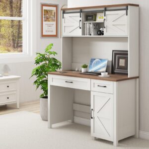 Vabches Farmhouse 47" Desk, Executive I-Shape with 3 Drawers, Storage Cabinet, Hutch, Charging Hub for Home Office