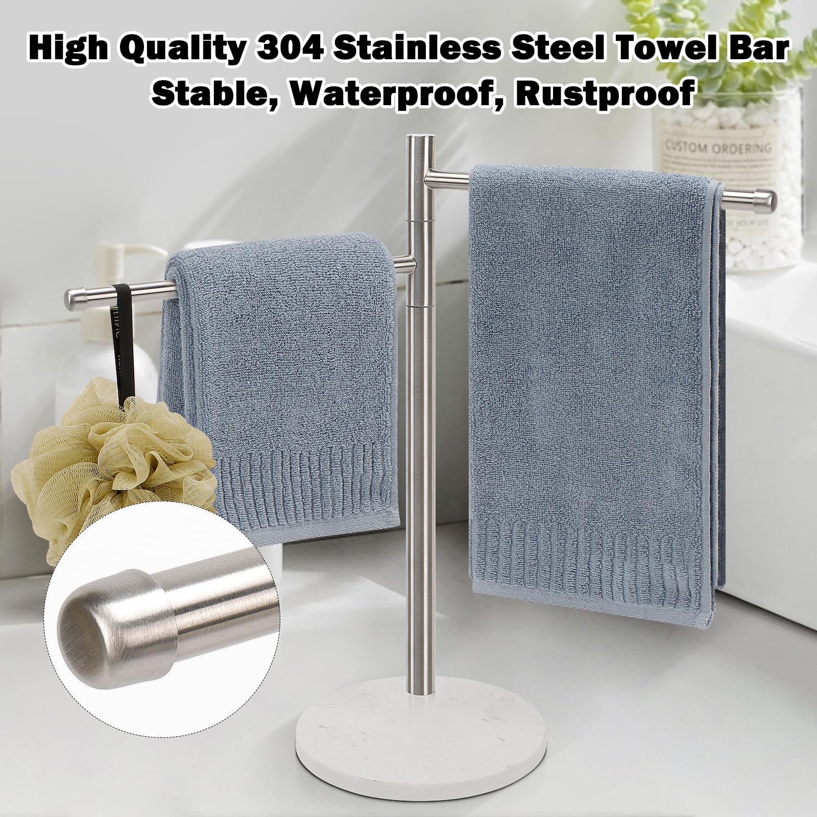 Winmien Standing Hand Towel Holder, Hand Towel Stand with Marble Base, 304 Stainless Steel Towel Rack with 2 Swivel Arm, Countertop Stand Towel Ring Towel Bar for Bathroom Countertop (Brushed Nickel)