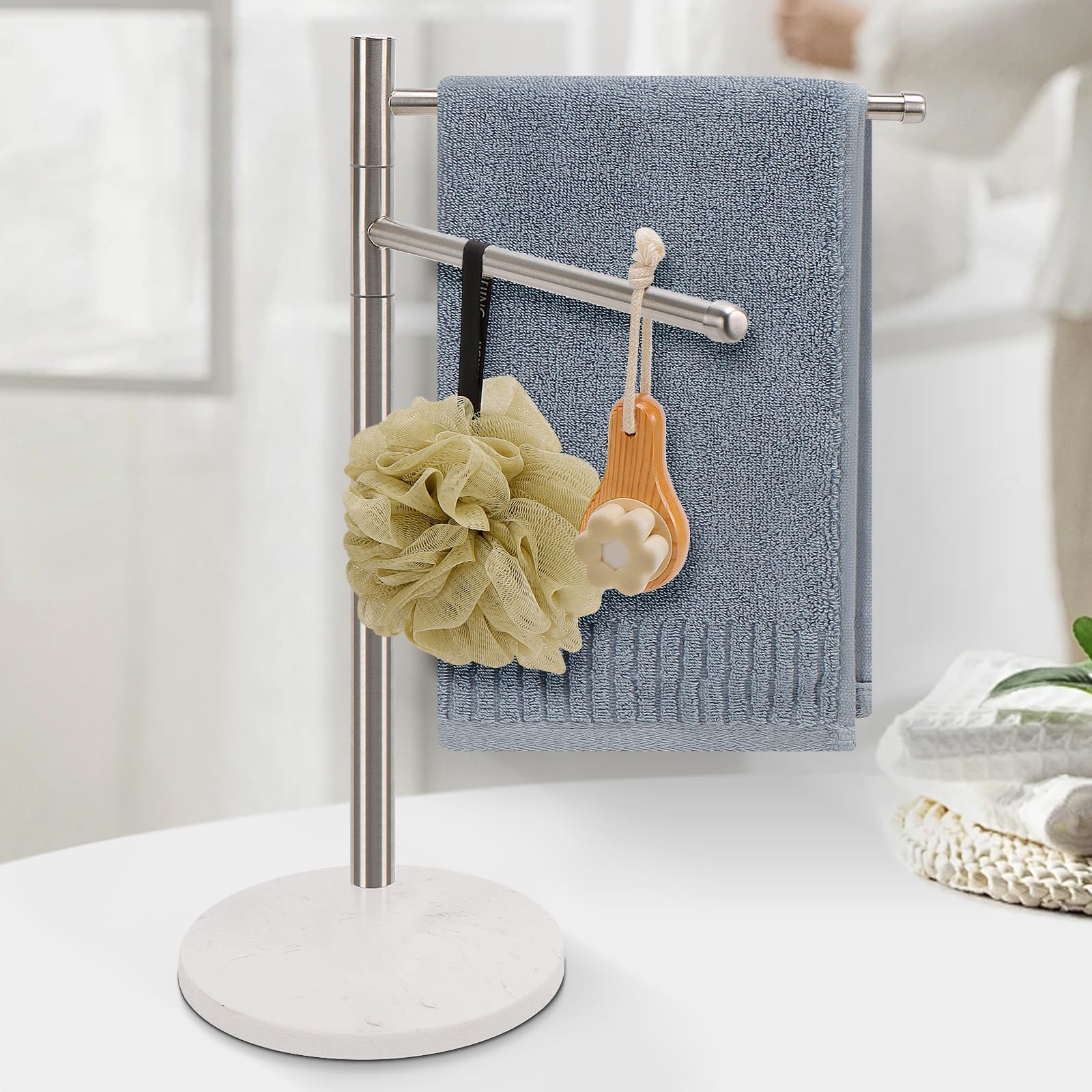 Winmien Standing Hand Towel Holder, Hand Towel Stand with Marble Base, 304 Stainless Steel Towel Rack with 2 Swivel Arm, Countertop Stand Towel Ring Towel Bar for Bathroom Countertop (Brushed Nickel)